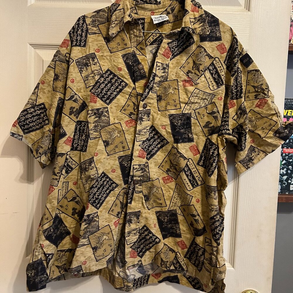 Vintage-Style Calligraphy Print Button-Up Shirt | Boxy Fit